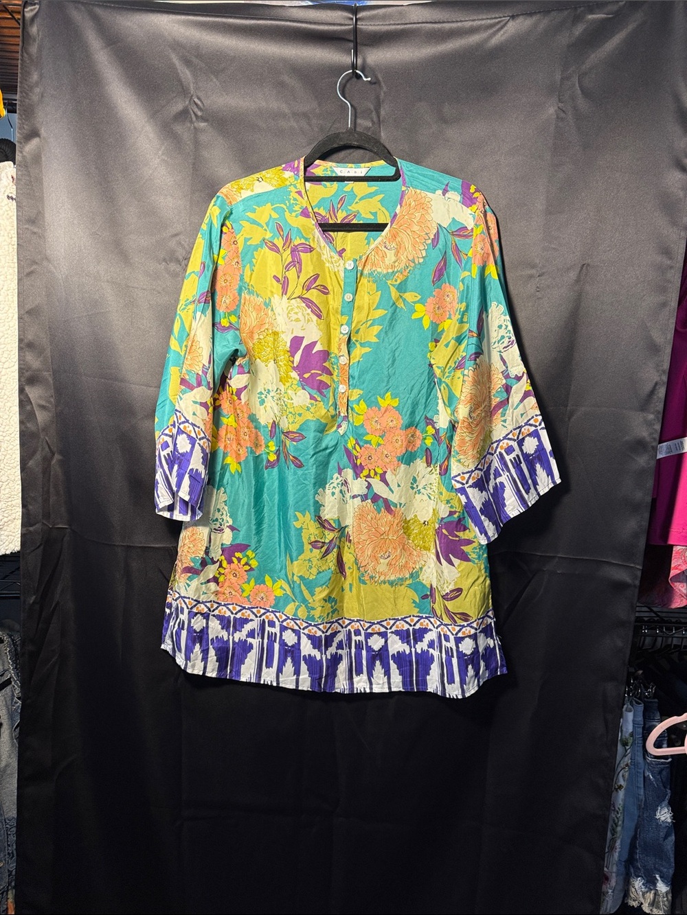 Vintage CAbi Silk Teal Floral Henley Tunic with Purple Ikat Border
